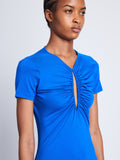 Detail image of model wearing Slinky Jersey Keyhole Dress in BRIGHT BLUE