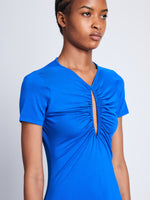 Detail image of model wearing Slinky Jersey Keyhole Dress in BRIGHT BLUE