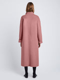 Back image of model in Melton Wool Coat in Dusty Pink Melange