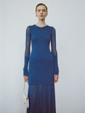 Cropped image of model wearing Anita Dress in Knit Sheer Mesh in bright blue, carrying Flip Shoulder Bag in white.