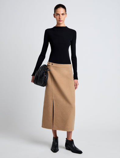 Proenza Schouler Front full length image of model wearing Adrian Skirt in Brushed Wool in CAMEL