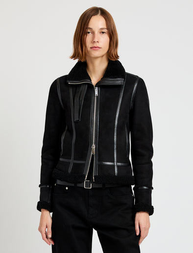 Proenza Schouler Front cropped image of model wearing Arlo Jacket in Suede Back Shearling in black