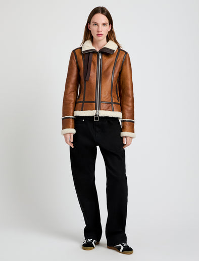 Proenza Schouler Front image of model wearing Arlo Jacket in Leather Back Shearling in umber