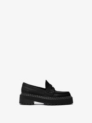 Side view of Lug Sole Platform Loafers in Grainy Leather in black