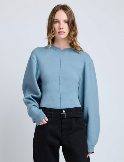 Proenza Schouler Front cropped image of model wearing Carolina Sweater in Souffle Knit in LARK BLUE