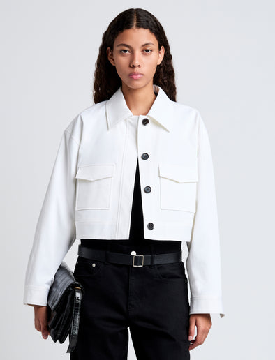 Cropped front image of model wearing Dylan Jacket in Organic Cotton Twill in off white