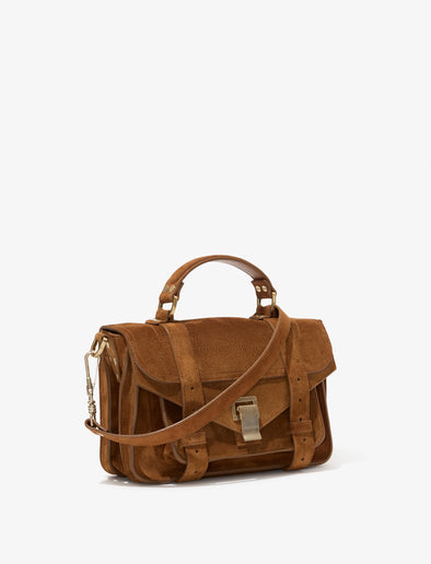 Proenza Schouler side image of PS1 Tiny Bag In Soft Suede in saddle