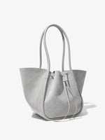 Side image of Large Ruched Tote in Soft Suede in GREY