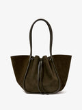 Front image of Large Ruched Tote in Soft Suede in OLIVE