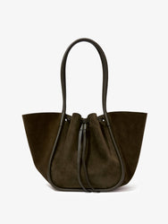 Front image of Large Ruched Tote in Soft Suede in OLIVE