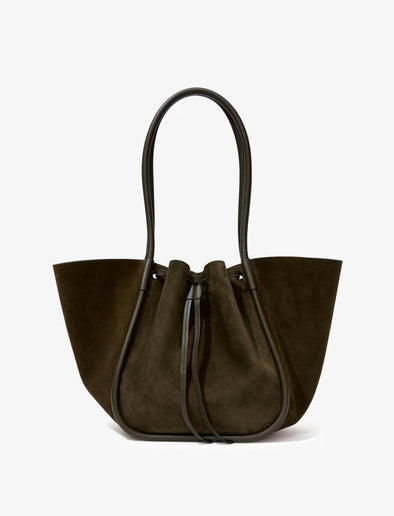 Front image of Large Ruched Tote in Soft Suede in OLIVE