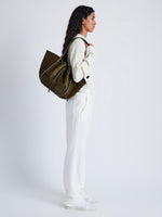 Image of model wearing Large Ruched Tote in Soft Suede in OLIVE