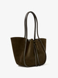 Side image of Large Ruched Tote in Soft Suede in OLIVE