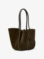 Side image of Large Ruched Tote in Soft Suede in OLIVE