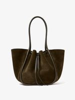 Back image of Large Ruched Tote in Soft Suede in OLIVE