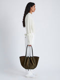 Image of model wearing Large Ruched Tote in Soft Suede in OLIVE