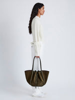 Image of model wearing Large Ruched Tote in Soft Suede in OLIVE