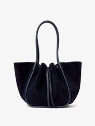 Front image of Large Ruched Tote in Soft Suede in DEEP NAVY