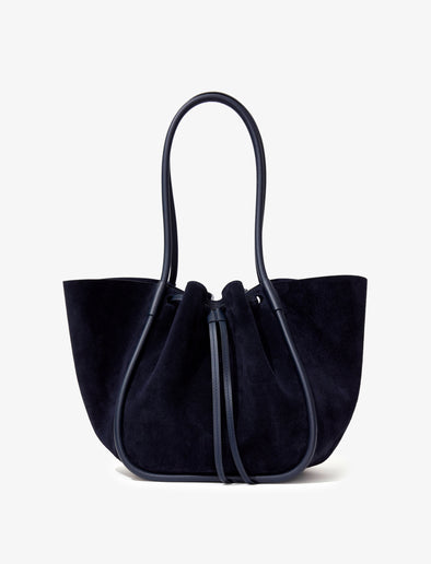 Front image of Large Ruched Tote in Soft Suede in DEEP NAVY