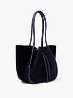 Side image of Large Ruched Tote in Soft Suede in DEEP NAVY