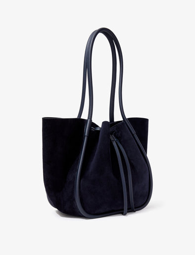 Side image of Large Ruched Tote in Soft Suede in DEEP NAVY