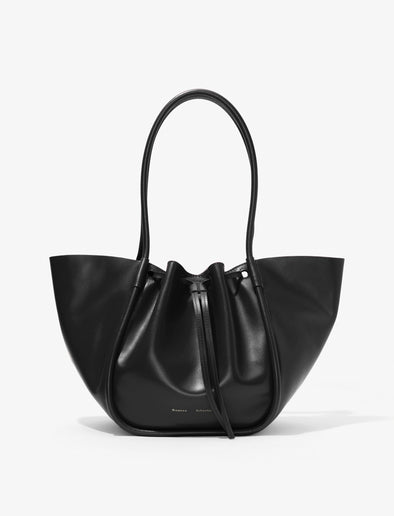 Front image of Large Ruched Tote in Soft Shiny Calf in BLACK