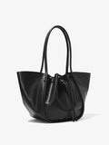 Side image of Large Ruched Tote in Soft Shiny Calf in BLACK