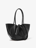 Side image of Large Ruched Tote in Soft Shiny Calf in BLACK