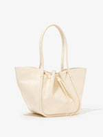 Side image of Large Ruched Tote in Soft Shiny Calf in BIRCH