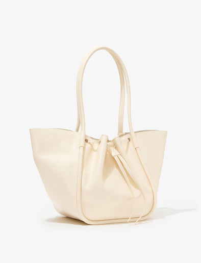 Side image of Large Ruched Tote in Soft Shiny Calf in BIRCH