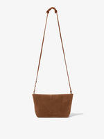 Front image of Bond Bag in Suede in saddle with strap extended