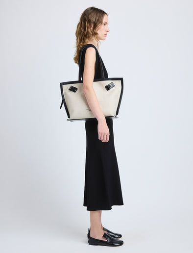 Proenza Schouler image of model wearing Days Tote in Natural Linen in natural/black