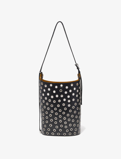 Front image of Brant Bucket Bag in Eyelet Covered Smooth Calf in Black