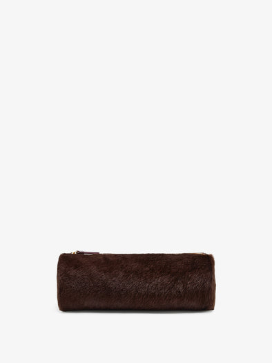 Proenza Schouler Front image of Silo Clutch in Shearling in Chocolate