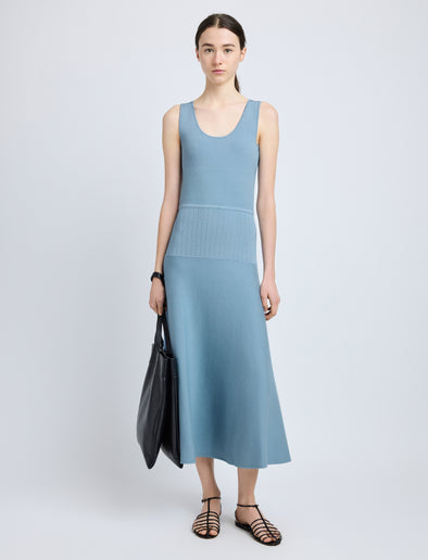 Proenza Schouler Front full length image of model wearing Lucia Dress in Souffle Knit in LARK BLUE