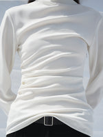 Cropped image of model wearing Alexis Top in Matte Double Crepe in white