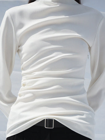 Cropped image of model wearing Alexis Top in Matte Double Crepe in white