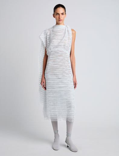 Proenza Schouler Front full length image of model wearing Maude Dress in Geo Lace in CLOUD