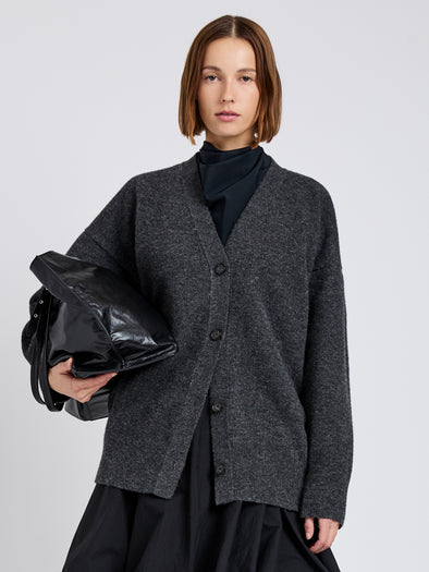 Proenza Schouler cropped front image of model wearing Naya Cardigan In Boiled Wool in dark grey