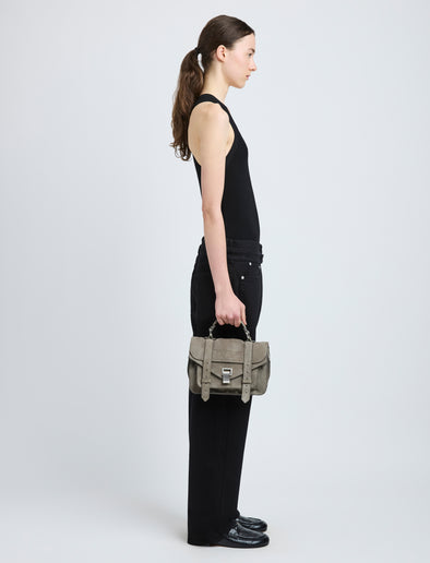 Proenza Schouler image model wearing of PS1 Tiny Bag in Nubuck Calf in slate