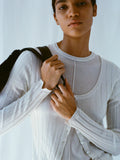 Cropped image of model wearing Hattie Cardigan and Ares Shirt in Lightweight Cashmere in ivory