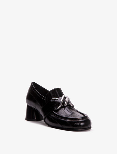 3/4 Front image of Monogram Heeled Loafers in BLACK