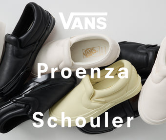 Pile of Vans x Proenza Schouler Puffy Slip-On Shoes in resin, ecru, and black, 'Vans Proenza Schouler' overlaid