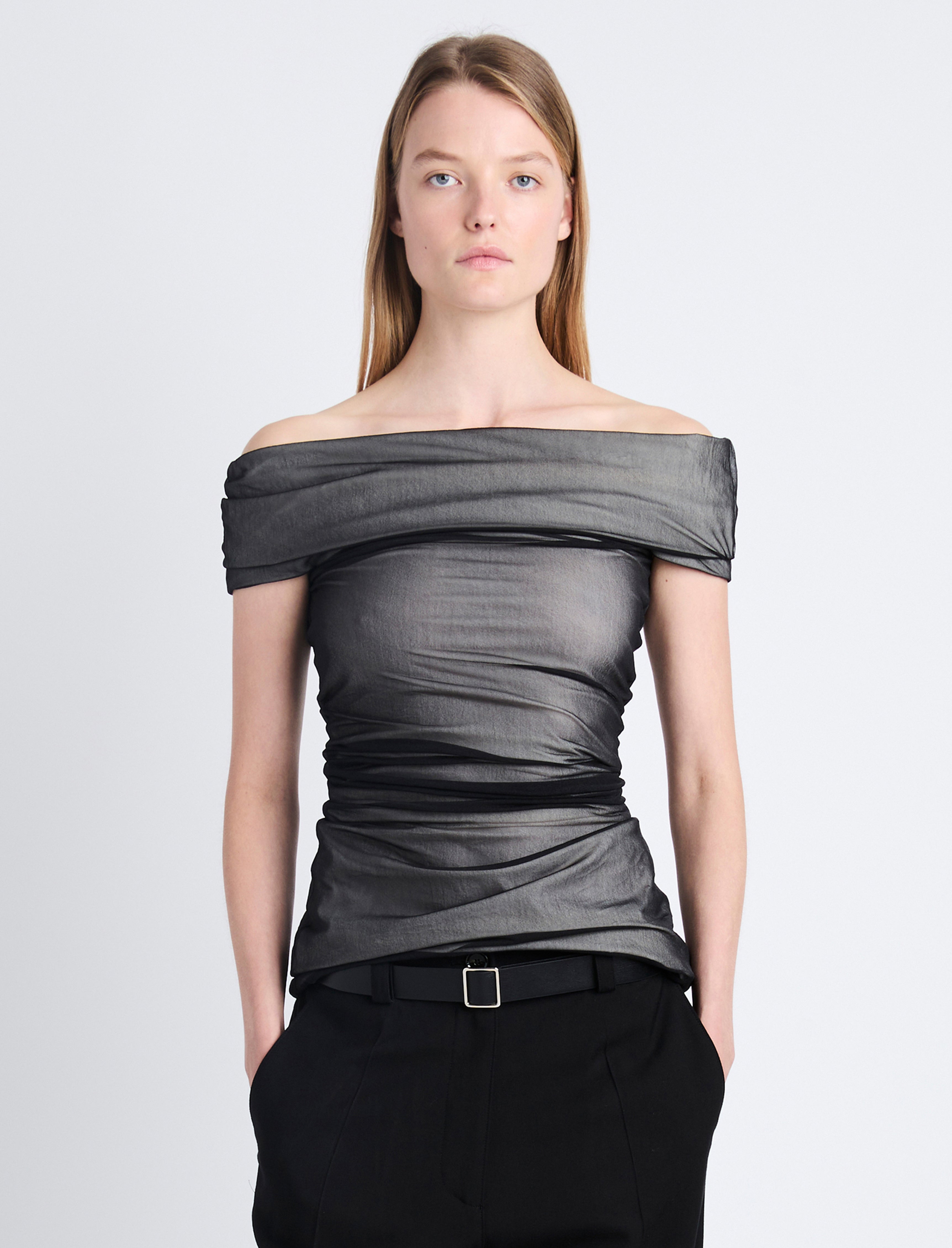 Allegra Off The Shoulder Top in Silk Nylon Black