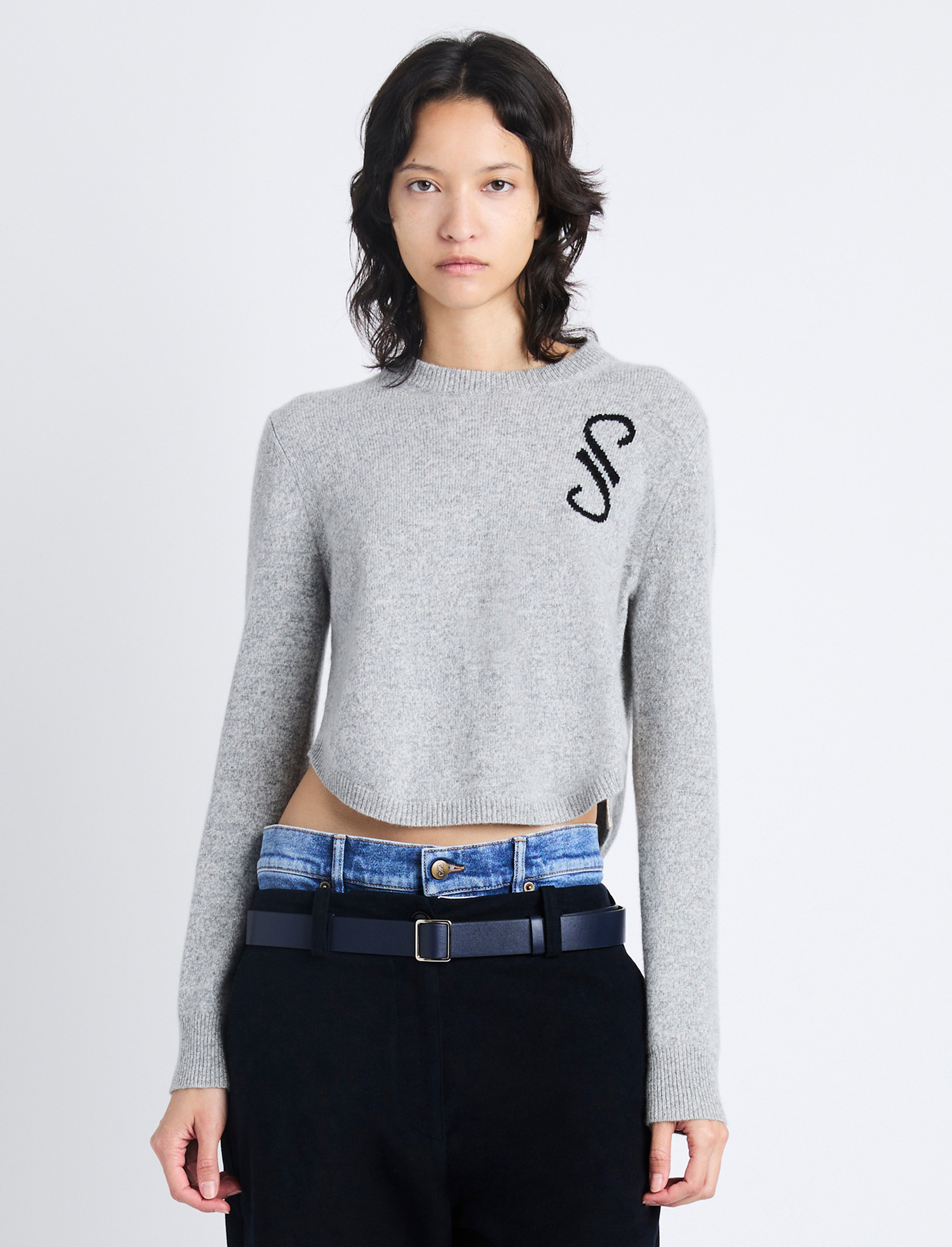 Stella Monogram Sweater in Cashmere Jacquard - Grey Melange