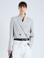 Cropped front image of model wearing Hadley Jacket in Melange Viscose Linen Suiting in GREY MULTI