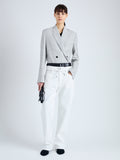 Front image of model wearing Hadley Jacket in Melange Viscose Linen Suiting in GREY MULTI