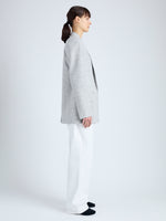 Side full length image of model wearing Hadley Jacket in Melange Viscose Linen Suiting in GREY MULTI