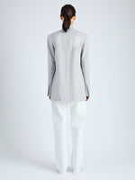 Back full length image of model wearing Hadley Jacket in Melange Viscose Linen Suiting in GREY MULTI