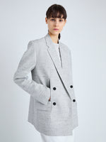 Detail image of model wearing Hadley Jacket in Melange Viscose Linen Suiting in GREY MULTI